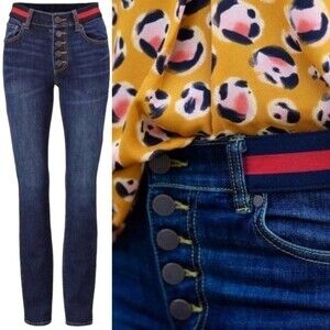 Cabi Jeans Simone Highrise Skinny Button Fly Red Stripe Waistband Women’s Size 4